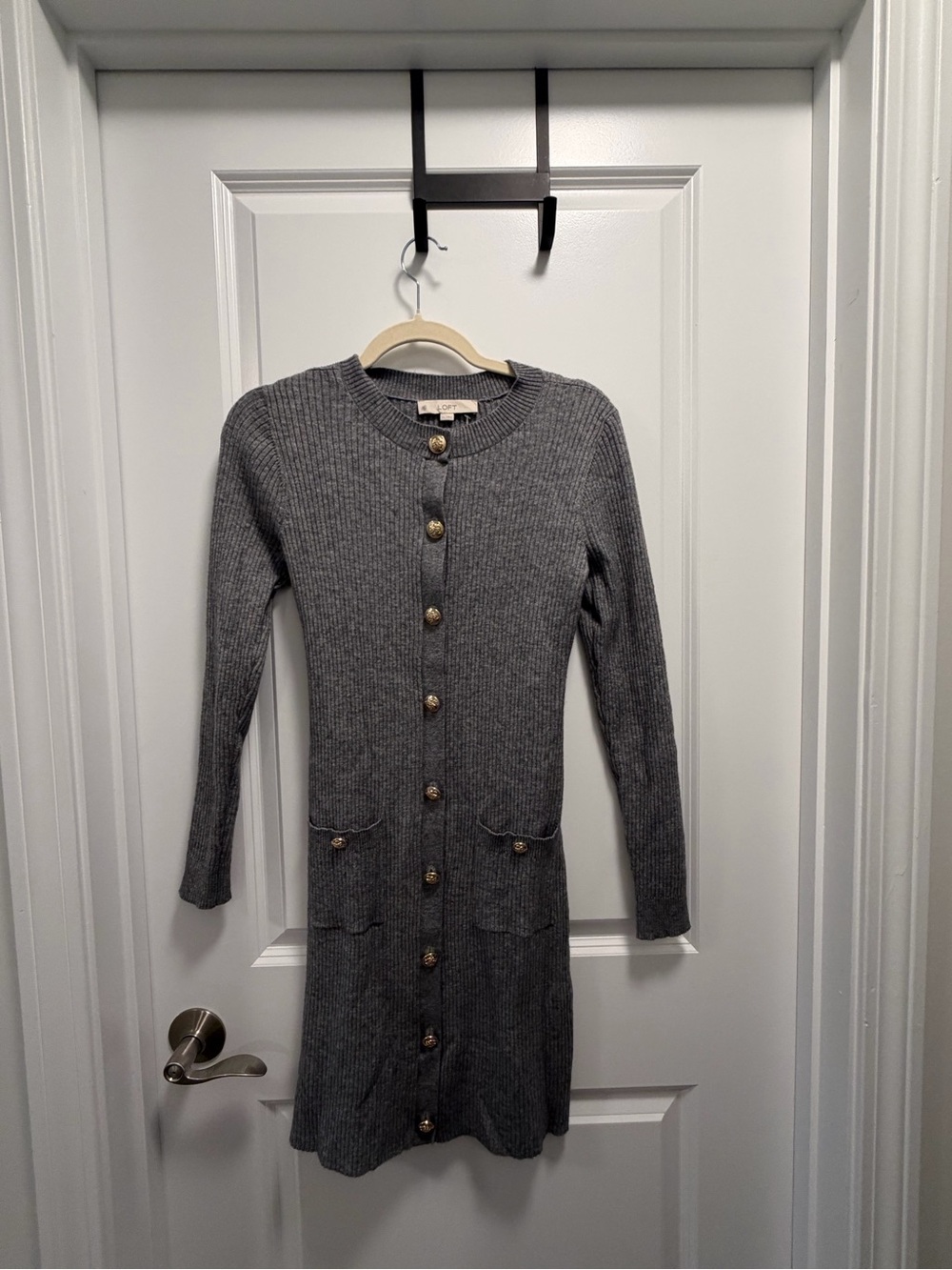 LOFT Gray Ribbed Long-Sleeve Button-Front Dress